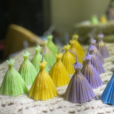 Handcrafted Barbie Dress Scented Candles - green, yellow, and purple