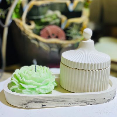 Handcrafted Peony Flower Candle with Ceramic Jewelry Jar and Tray